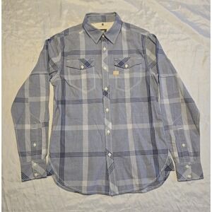 G Star Raw Shirt Mens Medium Blue White Plaid Cotton Long Sleeve Button Up Sharp